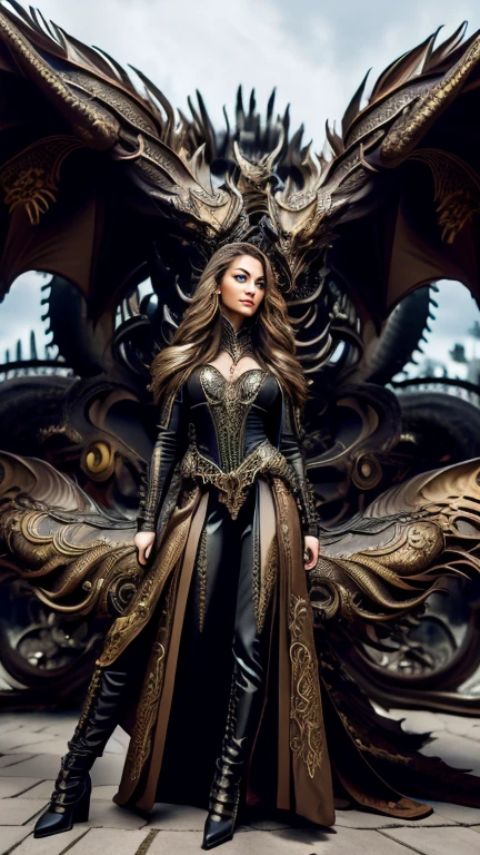 High-resolution ultra detailed photography, A Eurasian woman with tall height and feminine body figure rides a biomechanical dragon in full body pose, woman's clothing in steampunk style with lots of details and accessories, full body pose looking forward into the camera, ambience background at night with magical Lights, body and face realistically depicted in ultra detail, Clothing Maxi skirt with lace, Model woman rides a biomechanical dragon