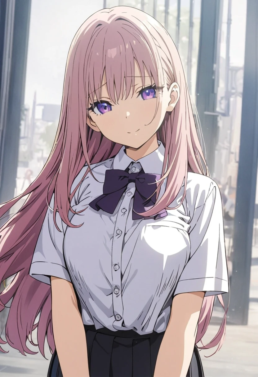 (pretty girl), ((beautiful)), cute, (very pretty), 1girl, (solo), (pink long straight hair:1.1), (purple eyes:1.1), ((eyes details)), medium breasts, white dress shirt, black pleated skirt, ((calm face expression)), anime hight quality, masterpiece, medium shot, modelshot