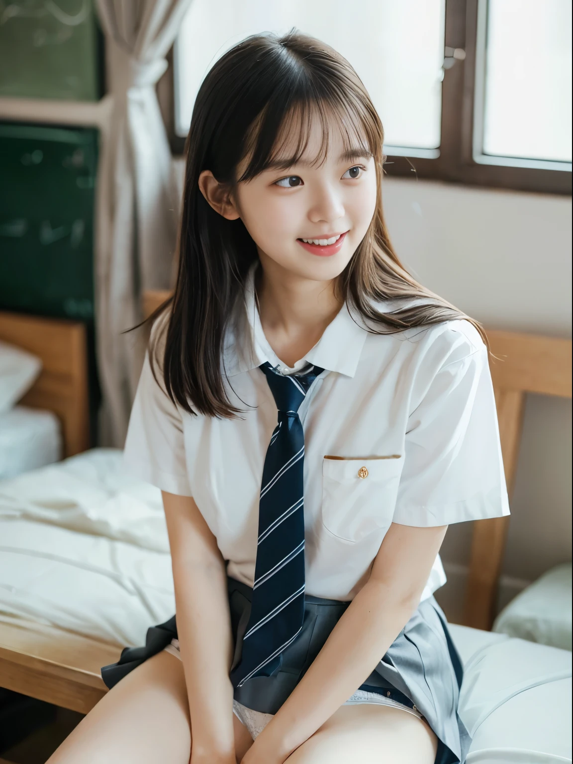 (((32k,High detail,High definition、masterpiece,Attention to detail))),(18years old:1.2),(insincere laugh:1.2),(looking away:1.3),8k,RAW portrait of japanese girl,photorealistic,ultra high res,best quality, BREAK (school uniform:1.2),(from below:1.2),sitting on chair,crossed arms,(panty shot:1.2),(messy room:1.2),shame、flushed cheeks、thin arms (natural skin texture,detailed skin, hyperrealism,ultra sharpness),intricate details,Depth of field, dim lighting,Dripping,Blushing,very beautiful ,((i can see your panties)),(white panties:1.3)