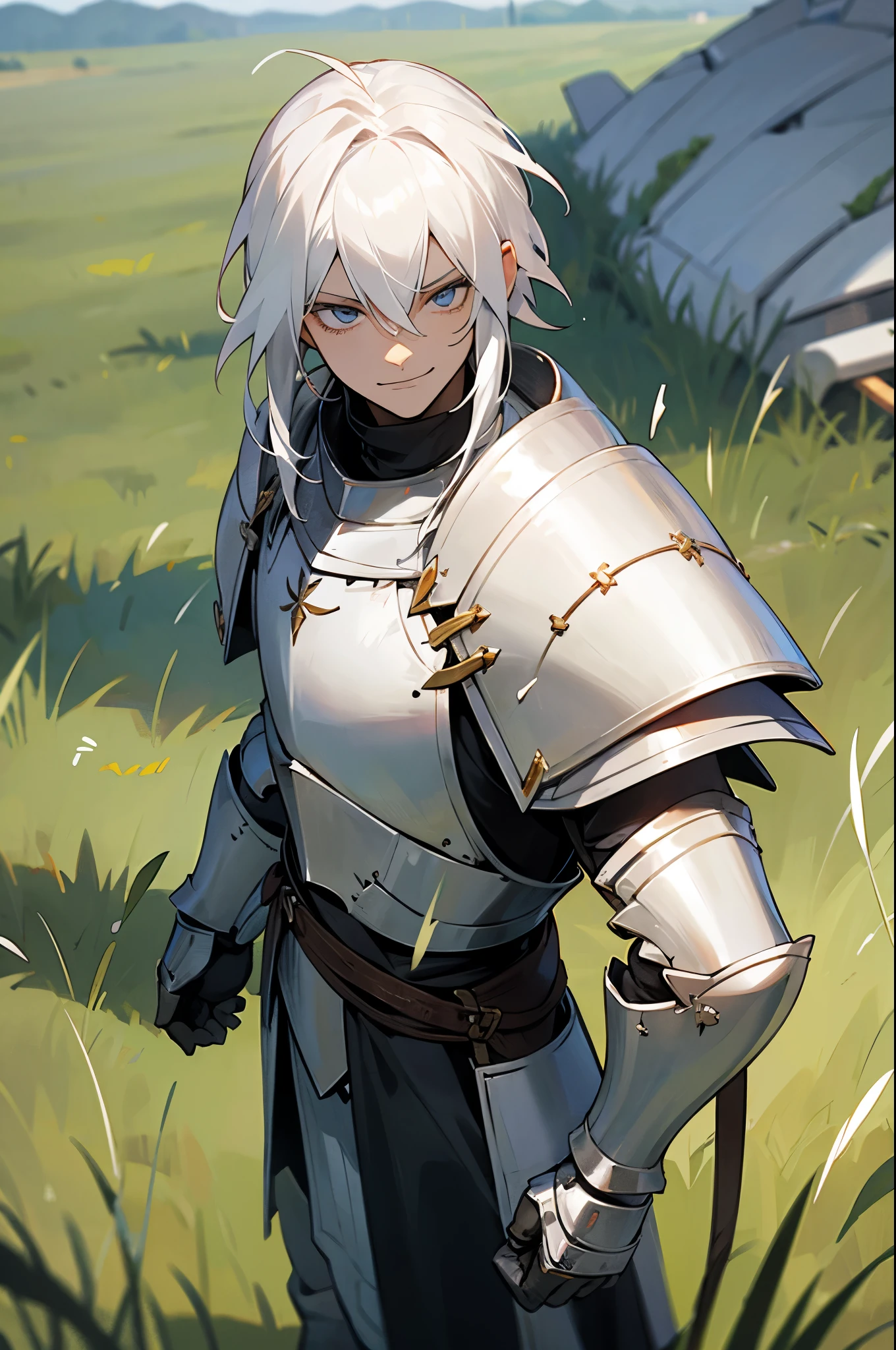 blindefold, white hair, knight armor , smirking, grassy background