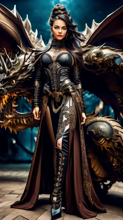 High-resolution ultra detailed photography, A Eurasian woman with tall height and feminine body figure rides a biomechanical dragon in full body pose, woman's clothing in steampunk style with lots of details and accessories, full body pose looking forward into the camera, ambience background at night with magical Lights, body and face realistically depicted in ultra detail, Clothing Maxi skirt with lace, Model woman rides a biomechanical dragon