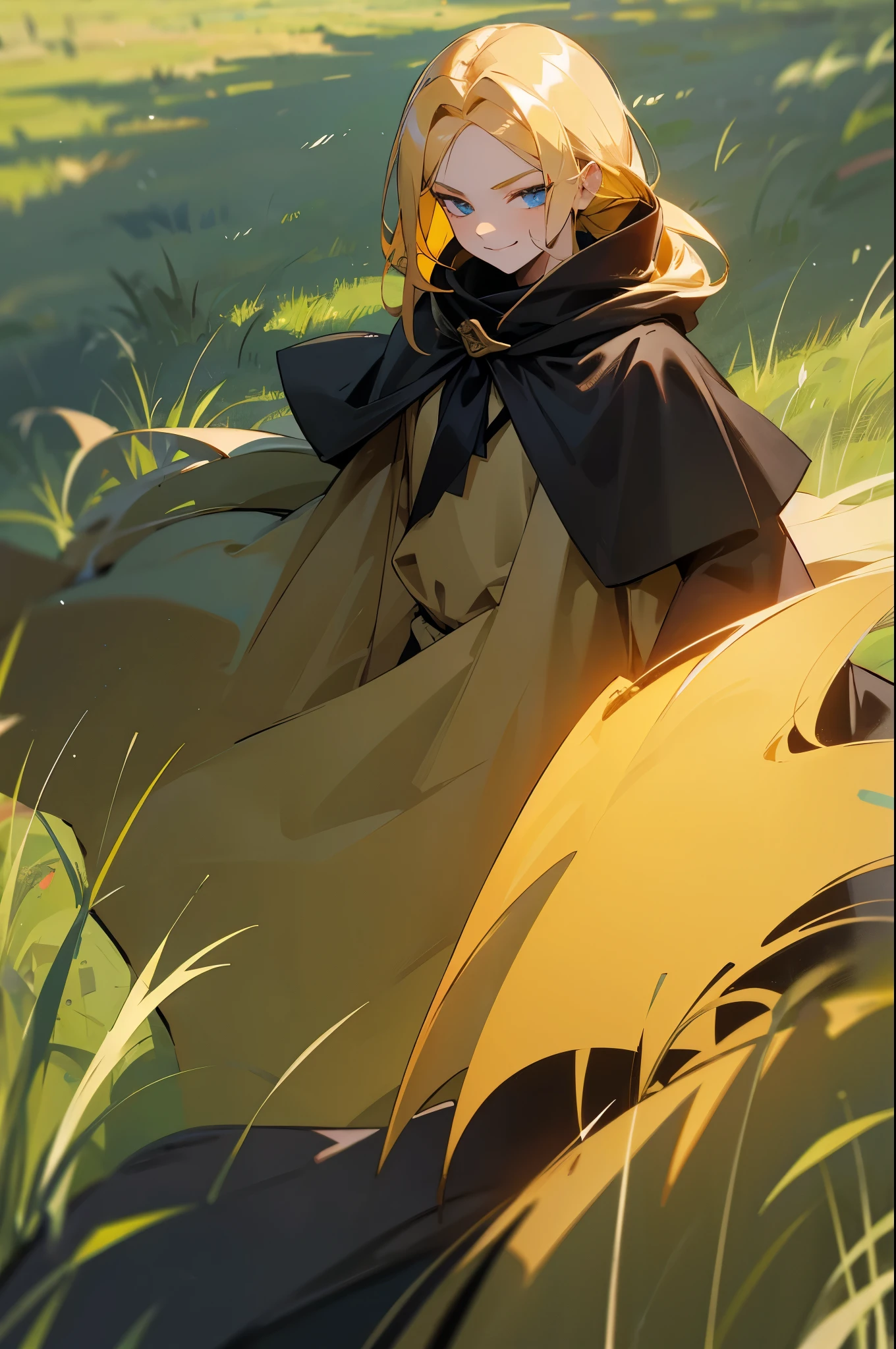 wearing blindefold on face, golden hair, black cloak , smirking, grassy background, young girl
