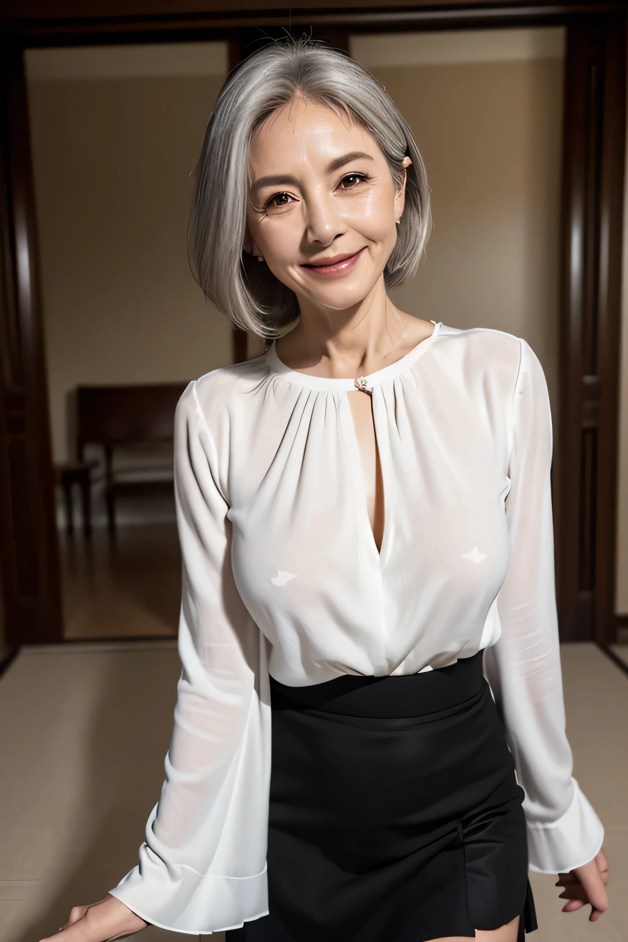 Masterpiece, high quality, ultra realistic, (65yo:1.3),female, bending forward,smile,(face wrinkles:1.4), (white blouse:1.4),(black skirt:1.4),(covered nipples:1.2), (cameltoe:1.1),first person view,(down blouse,:1.2),cyber town,gray hair,walk, Small breasts
