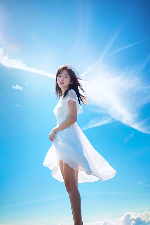 (masterpiece, best quality:1.2), 1girl, solo, delicate face, white-skinned female, see-through silhouette, white dress, full body, outdoor, in high sky, floating with wind, cloud