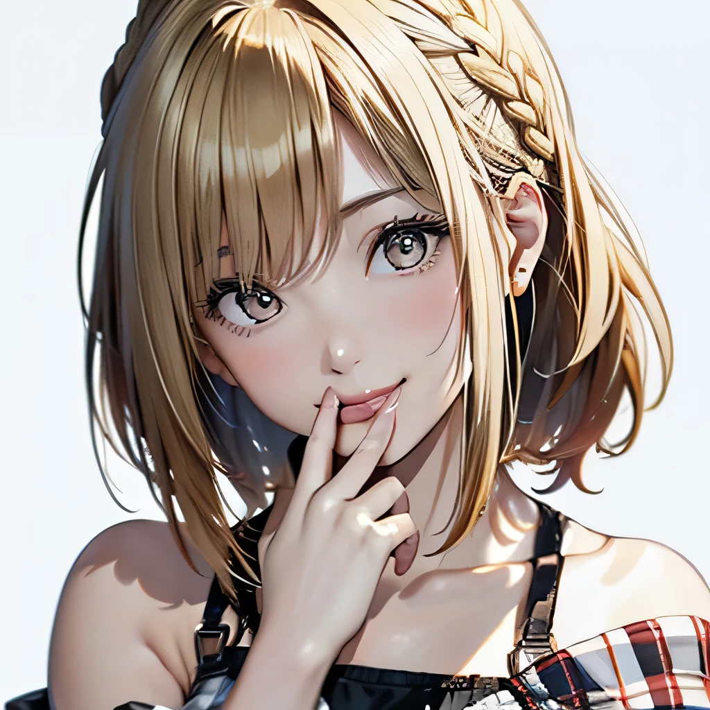 (Best Quality, 8K, Oil Painting, masutepiece:1.2), Ultra-detailed, (Realistic, Photorealistic:1.37), (((FULL BODYSHOT)))、(((Bright blonde hair)))、Vibrant colors, (((Sexy look)))、(((White and black tube top bra)))、(((Gingham plaid tube top bra)))、(((２０Women of a certain age)))、(((Slightly visible chest)))、 (((a blond)))、(((Shoulder-length bob hair)))、(((White background))), (((Put your hand on your mouth)))、(((Girly Hairstyles)))、(((bobhair)))、(((In front of a white wall)))、(((Erotic face)))、(((Nothing on the top of the head))), lipgloss, honey eyes, flirty, cheeky, smiling 