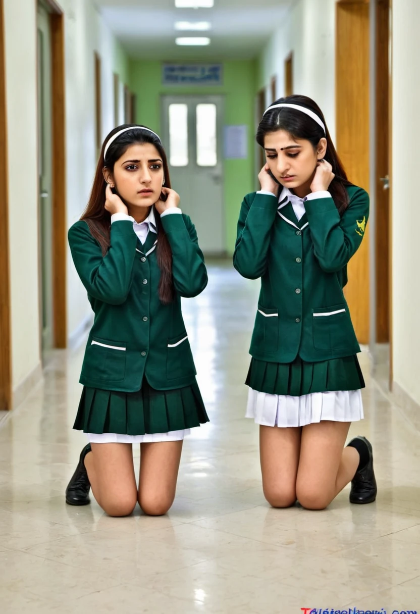 2 pakistani college girls short skirt uniform kneeling down holding ears with her arms in corridor outside classroom in punishment sad