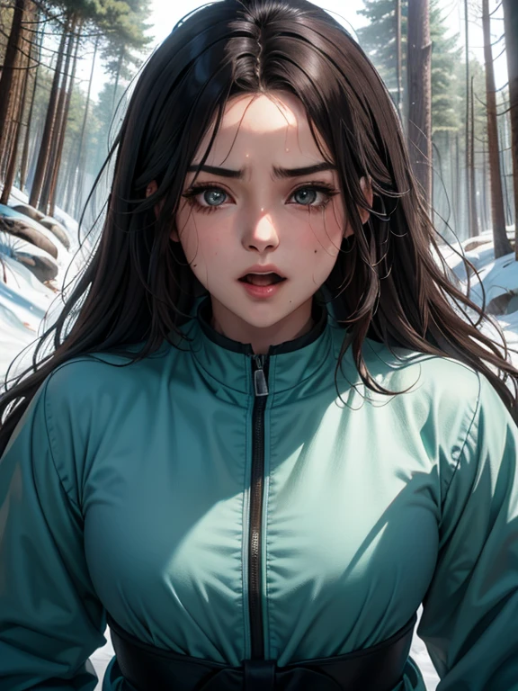 highest quality, masterpiece, Symmetrical and highly detailed eyes, girl, Highly detailed background, tendency (Art Station:1.46), Surreal, Cinema Lighting, Studio Quality, 8k resolution, masterpiece, Snow White runs from the depths of the forest., A face full of fear、With a screaming face、Sweating profusely、A road through the forest with many ruts、The depiction of the characters is small, prioritizing the scale of the forest.
