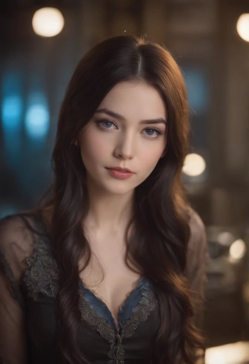 As the camera pans around the classroom, the magical bokeh of the lights creates a dreamlike atmosphere. In the center of the room is a nerdy goddess with long straight black hair., fleshy lips and blue eyes. She wears a shirt with a generous neckline, drawing attention to her large breasts., adding a touch of mystery to its already intriguing presence. The toxic punk runes on your skin seem to come to life, its intricate details adding to the overall cinematic feel of the scene.