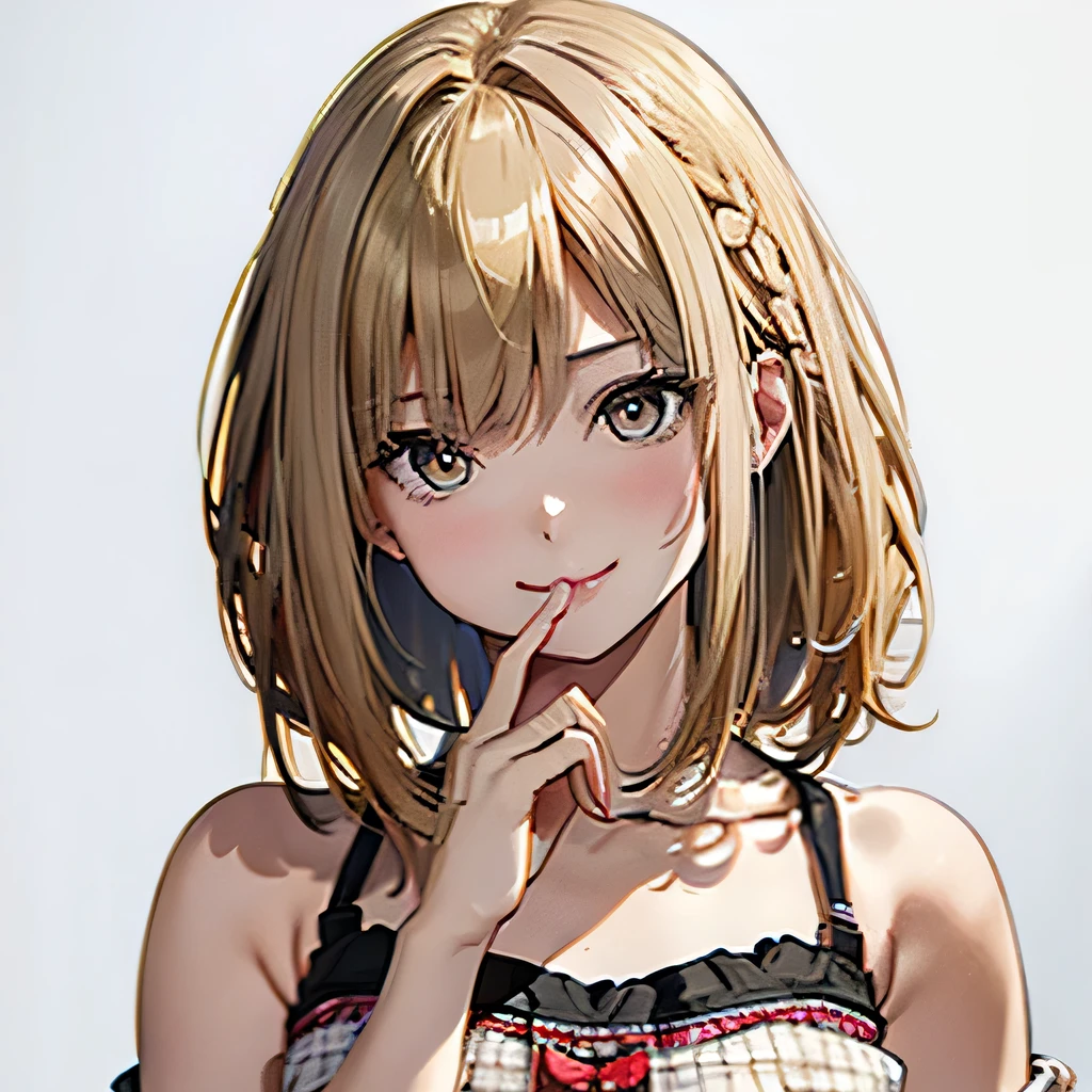 (Best Quality, 8K, Oil Painting, masutepiece:1.2), Ultra-detailed, (Realistic, Photorealistic:1.37), (((FULL BODYSHOT)))、(((Bright blonde hair)))、Vibrant colors, (((Sexy look)))、(((White and black tube top bra)))、(((Gingham plaid tube top bra)))、(((２０Women of a certain age)))、(((Slightly visible chest)))、 (((a blond)))、(((Shoulder-length bob hair)))、(((White background))), (((Put your hand on your mouth)))、(((Girly Hairstyles)))、(((bobhair)))、(((In front of a white wall)))、(((Erotic face)))、(((Nothing on the top of the head))), lipgloss, honey eyes, flirty, cheeky, smiling 