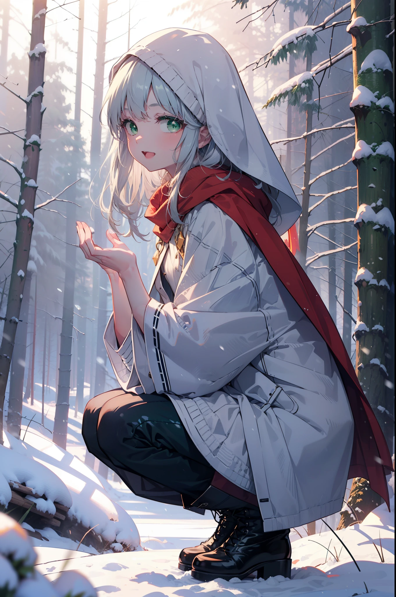 index, index, (Green Eyes:1.5), Silver Hair, Long Hair, (Flat Chest:1.2),happy smile, smile, Open your mouth,
Open your mouth,snow, fire, Outdoor, boots, snowing, From the side, wood, suitcase, Cape, Blurred, Food Up, forest, White handbag, nature,  Squat, Mouth closed, フードed Cape, winter, Written boundary depth, Black shoes, red Cape break looking at viewer, Upper Body, whole body, break Outdoor, forest, nature, break (masterpiece:1.2), highest quality, High resolution, unity 8k wallpaper, (shape:0.8), (Beautiful and beautiful eyes:1.6), Highly detailed face, Perfect lighting, Extremely detailed CG, (Perfect hands, Perfect Anatomy),
