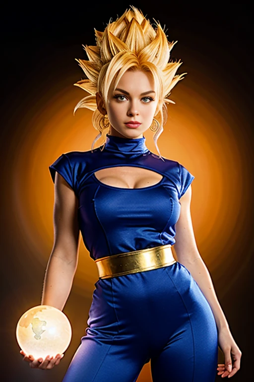 une femme de ans, dragon ball, warrior, cheveux blonds, super saiyan, tenue de guerrier de l'espace, saiyan, vegeta, sexy, aura of energy, dans l'espace, with the four-star crystal ball
