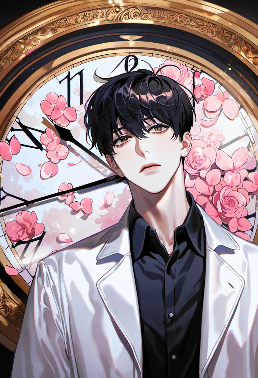 absurdres, highres, ultra detailed, HDR, masterpiece, delicate features, beautiful eyes, detailed eyes, Kim Dokja, omniscient reader's viewpoint, solo, man, handsome, expressive brown eyes, black hair, white coat, black shirt, pink flowers, pink petals, pink butterflies, clock