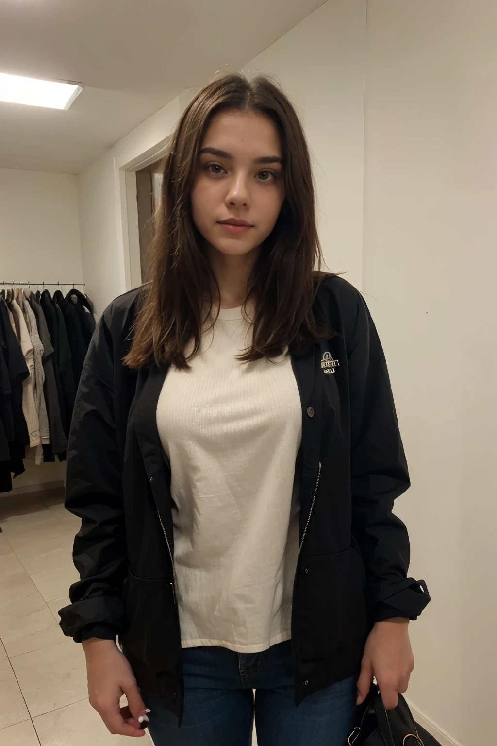 photograph of a 20 year old woman, cara perfecta, Obra maestra, Bien, ropa interior, negro_Bien, chaqueta, negro_bragas