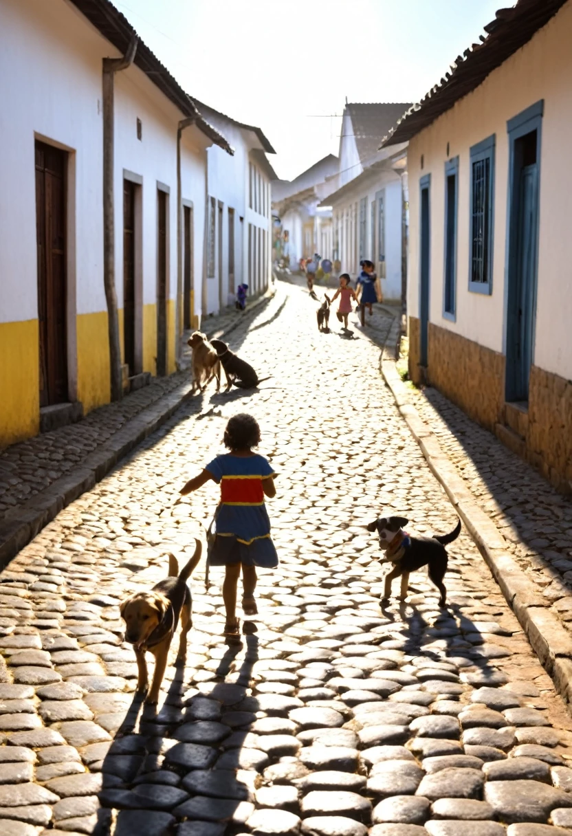 Six  playing with dogs on the cobblestone street of a small village in the interior of São Paulo under the sun in the 30s at the end of the street a chapel clear image in high definition