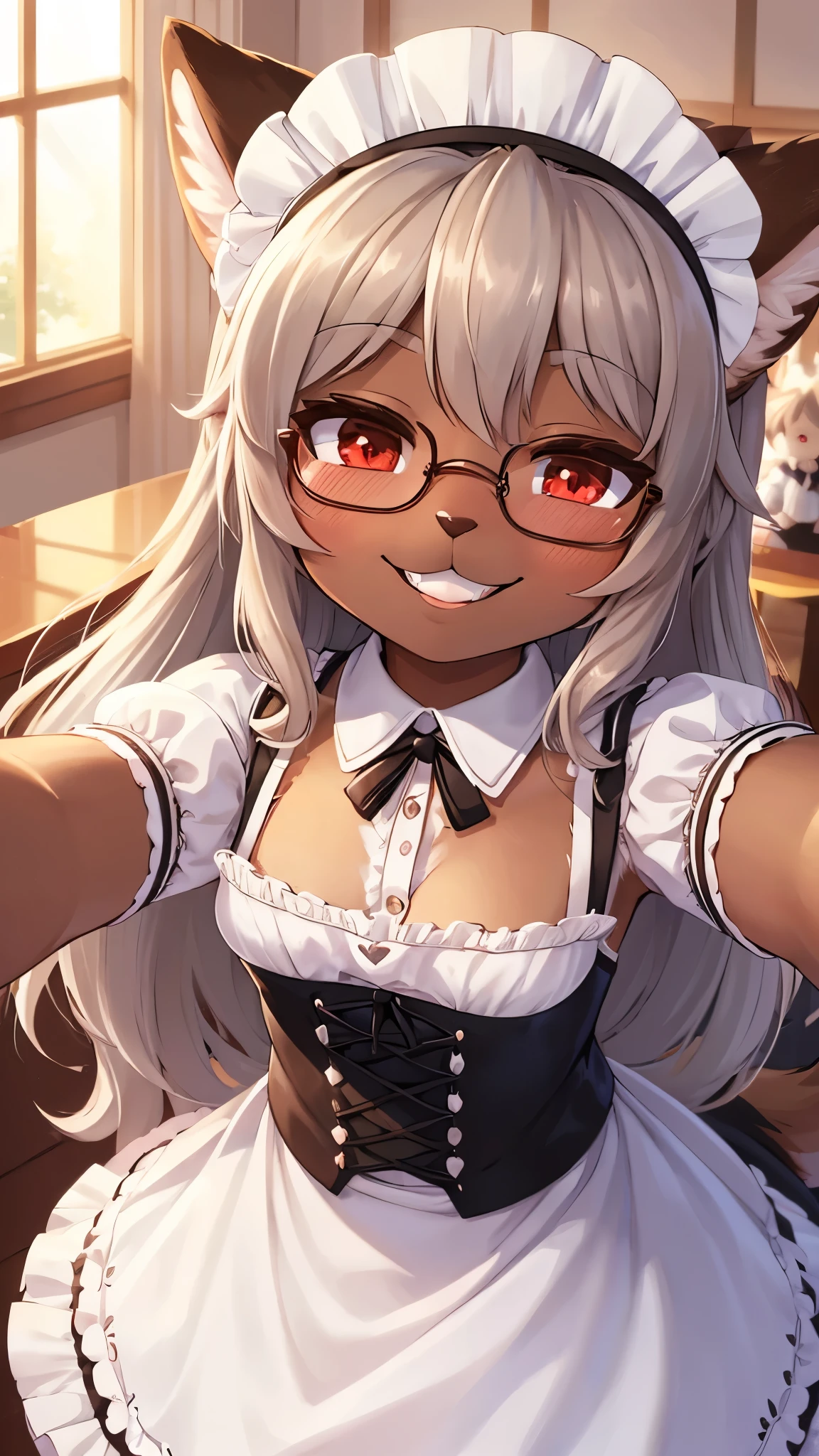 best quality,best resolution,(fluffy anthro furry :1.6),(young :1.8),(brown skin :1.6),cat girl,small breasts,light grey hair,long hair,wavy hair,curvy hair,red eyes,glistering eyes,sparkle eyes,huge circle glasses,maid outfit,maid headdress,maid gloves,ruffles,beautiful cafe,white light,looking at viewer,full face blush,horny face,smile,close eyes,heart eyes,heart expression eyes,one eyes close,very close eyes,face to face,solo,two hands selfie,close up face,front view,grin