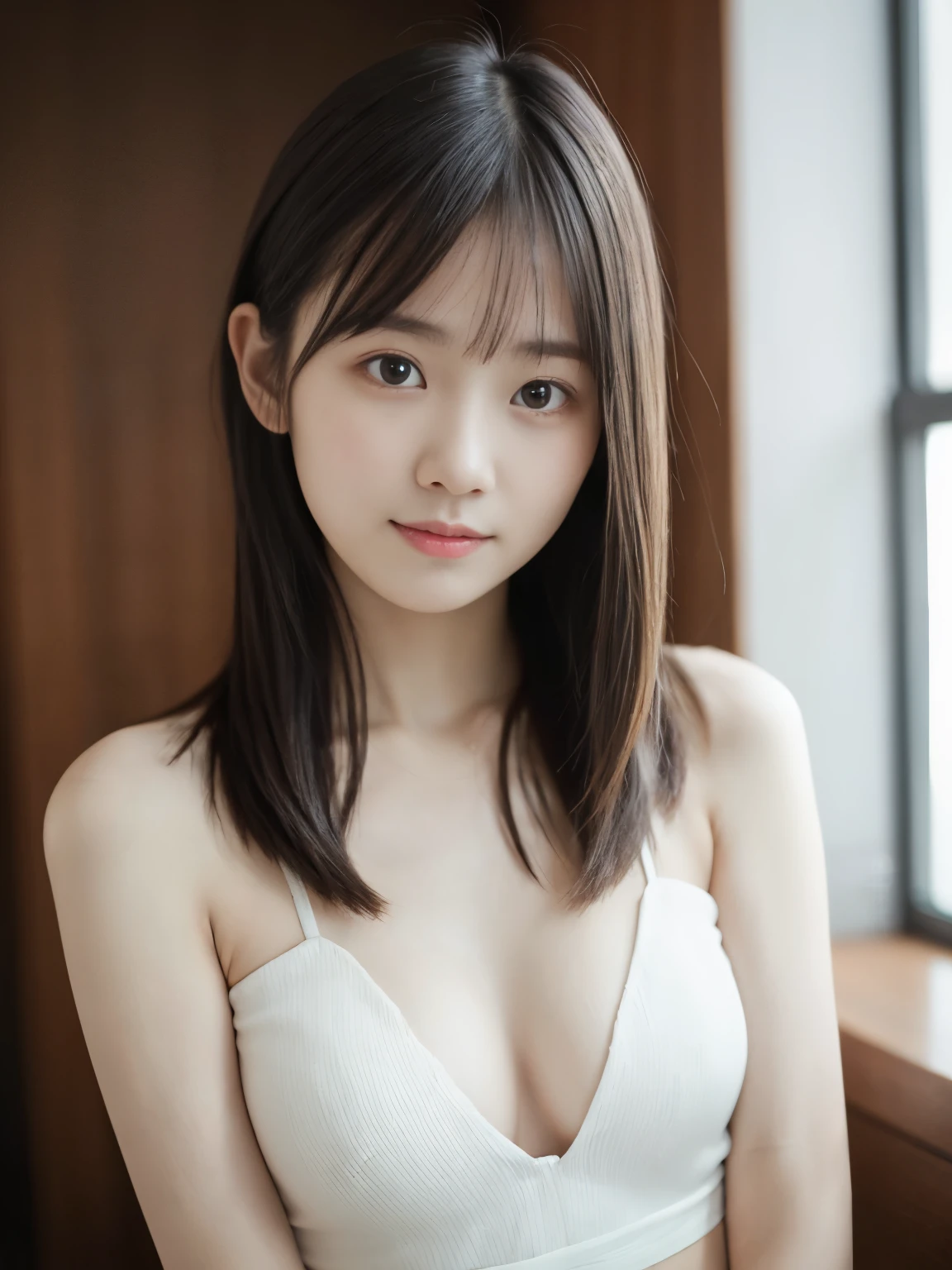 masterpiece, highest quality, 8K, 15 years old , RAW photo, disorganized, award-winning portraits, alone, noon, idol face,whole body,violaces, delicate girl, whole body, Completely naked、Digital single-lens reflex camera, looking at the viewer, shy smile、shame、flushed cheeks、thin arms, small breasts, nipple, small ass、thin waist、Frank, Sophisticated, like々New, thin arms, professional lighting, film grain, black eyes,chromatic aberration, (detailed eyes and face:1.0), (Bokeh:1.1),(hyper pretty face:1.2)、(beauty new face:1.2)、(pubic hair:1.3)