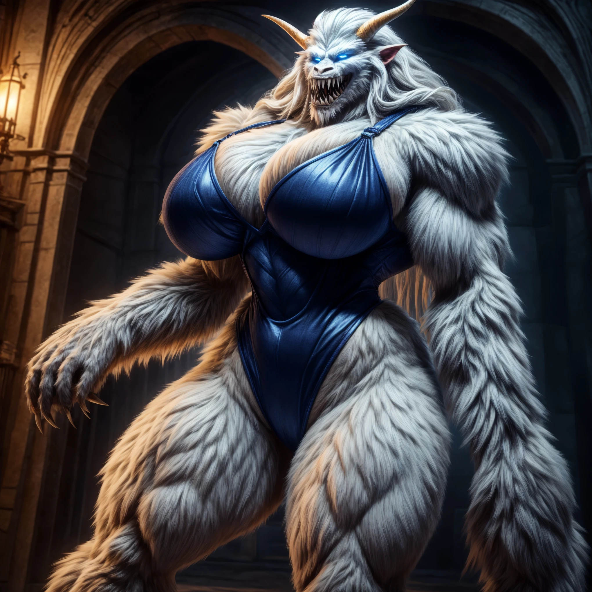 Photo, Solo, Woman Transformed into a Yeti Monster, Patterned Highcut Leotard, Large Breasts, Super Muscular, Broad Hips, Fur, Long Hair, Claws, Sharp Teeth, Strong Jaws, Horns, Sagittal Crest, Blue Eyes, 