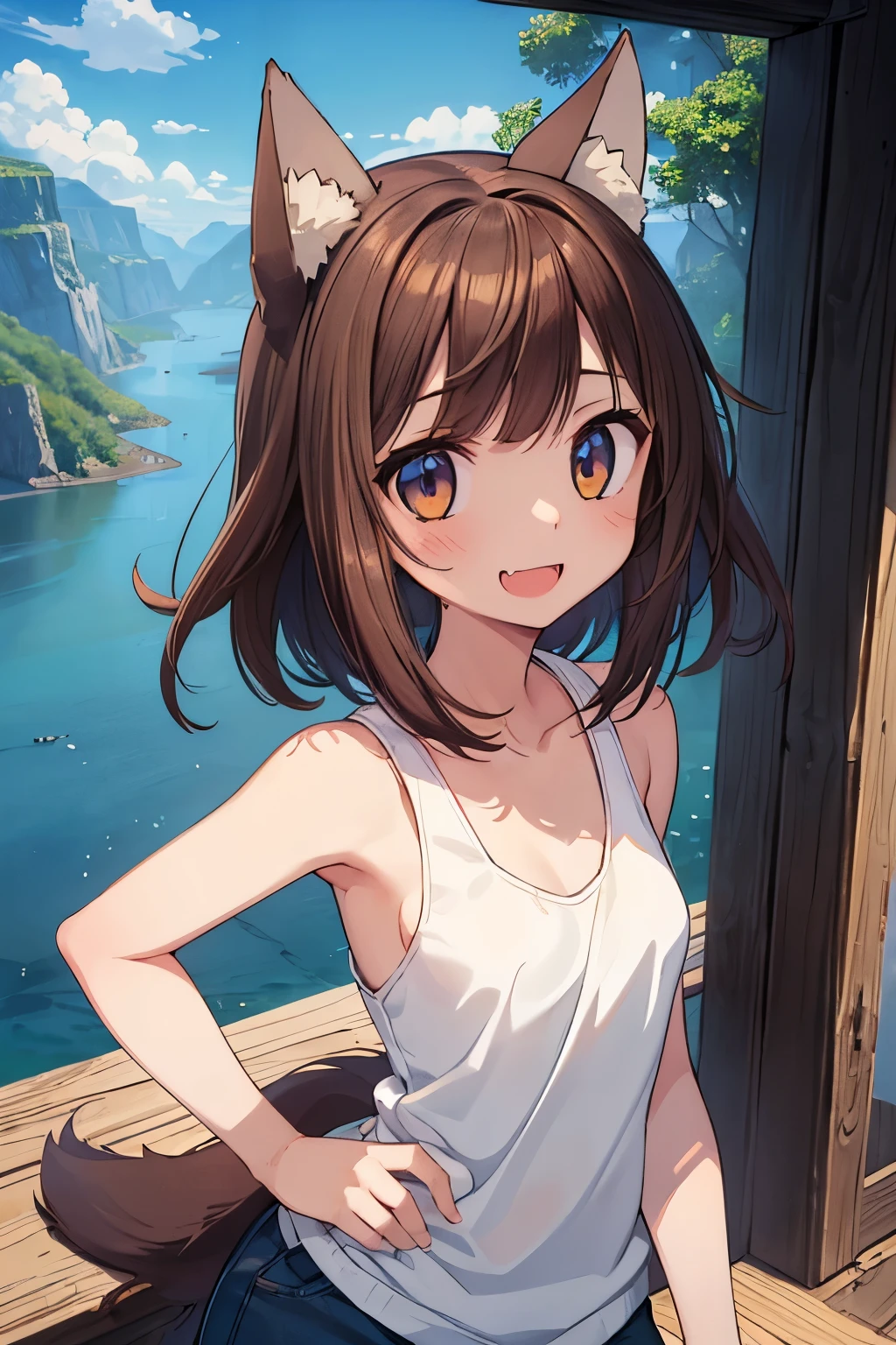 ((Masterpiece)), ((best quality)), (Anime:1.3), (RAW photo:1.2),(High Definition:1.3), (Professional Photography:1.4), Portrait shot, (()), 8K, Glossy skin, cinematic lighting, 1girl, wide-shot, (Knit fabric tank top), (Cute innocent teenage girllendar body, small breast, glossy medium hair, (loose blunt bangs), ((squint)), open mouth, fang out, (very naughty smile), beautiful collarbones, (slightly exposed shoulders), (put on wolf ears), pale brown hair, BREAK, ((best quality)), (funny pose on Vast fjords), Beautiful cityscape Background,