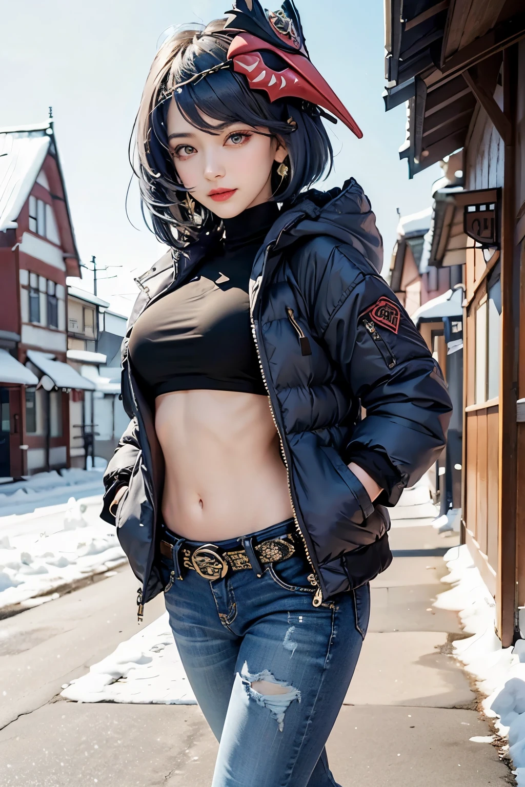 1girl, (long sleeved crop puffer parka, long jeans, big earrings, iron belt, boots), ((midriff, navel)), snowy town, looking at viewer, smile, walking, fashion pose, ((hands on stomach)), (cinematic lighting, best quality, masterpiece, high details, best quality, highres, HD, 4K, 8k, super detail), (kujou sara:1.3), mask on head, blue hair, short hair, yellow eyes, gloves