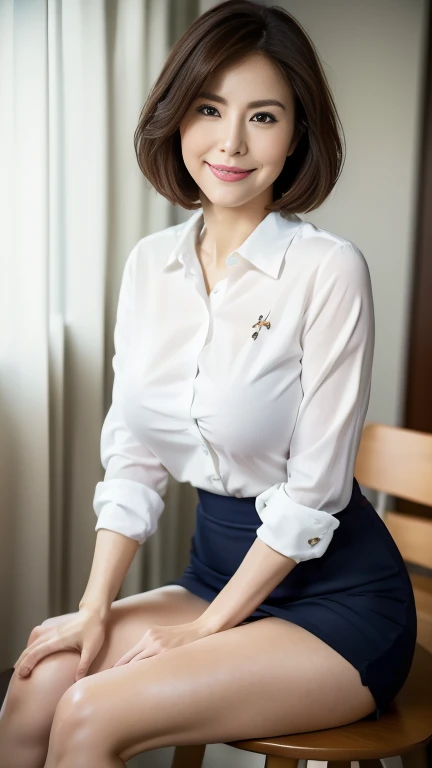 (highest quality,8k,masterpiece),
日本人Mature Woman,40 years,Mature Woman,Pure white skin,　Tabletop、
Drawn big breasts,　White collared blouse、Navy blue tight skirt、Medium Hair、
Sit with your legs apart,A kind smile、A captivating gaze、Office at work、