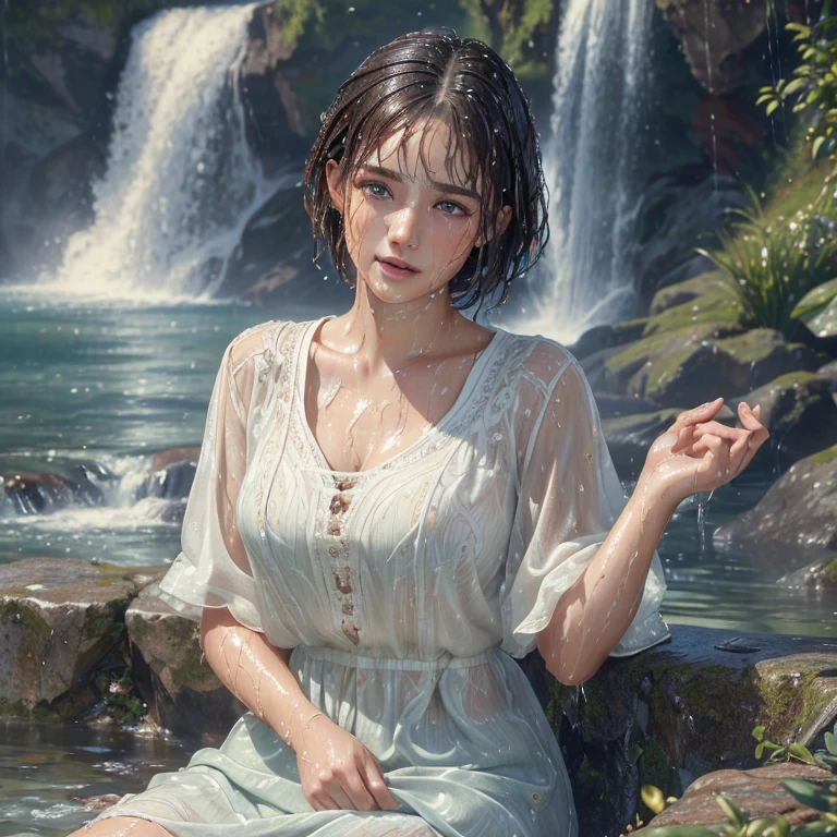 {(masterpiece,best quality, 8K UHD, extremely detailed CG, detailed beautiful face and eyes and skin and hair)},{(ultra realistic photo graphic style:1.4)},A bard woman sits by a waterfall,(Your clothes are wet:1.4),(short hair)