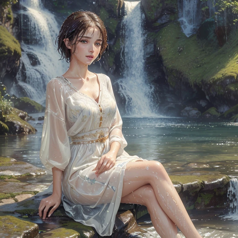 {(masterpiece,best quality, 8K UHD, extremely detailed CG, detailed beautiful face and eyes and skin and hair)},{(ultra realistic photo graphic style:1.4)},A bard woman sits by a waterfall,(Your clothes are wet:1.4),(short hair)