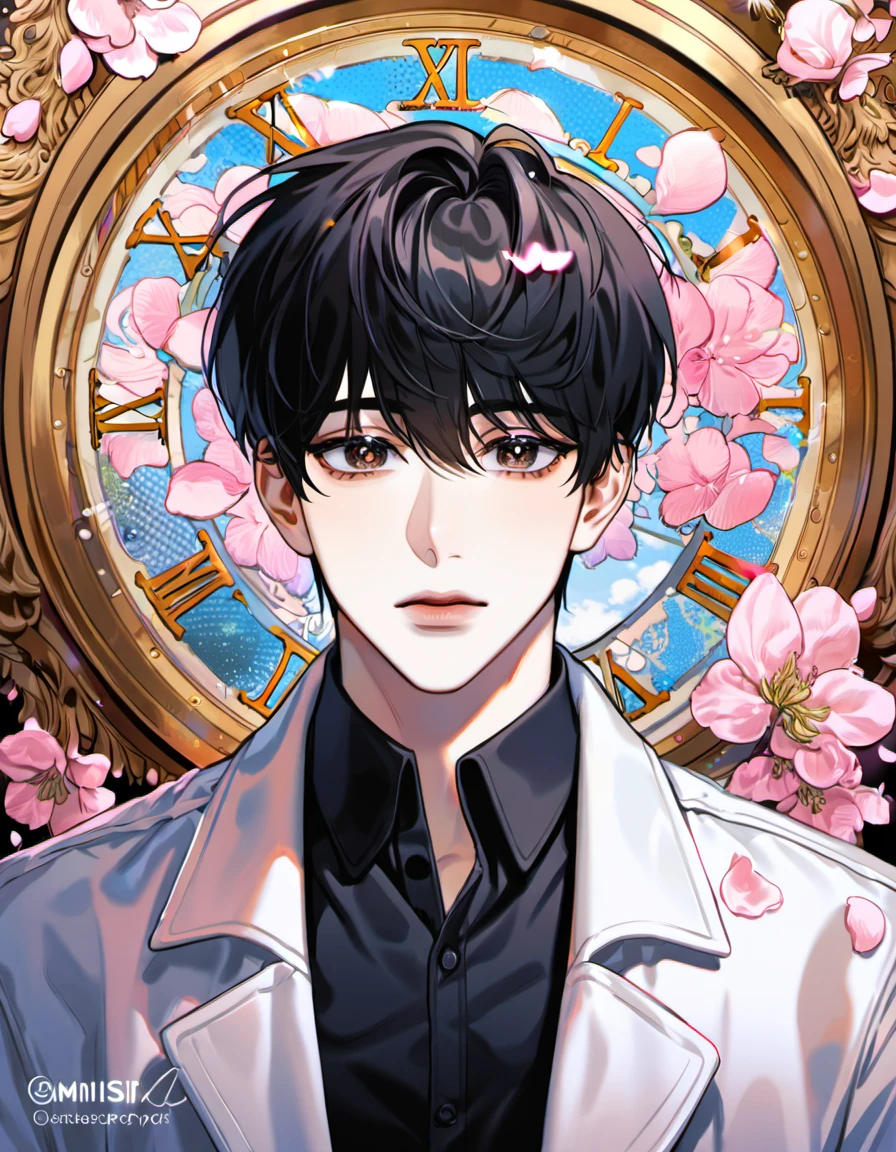 absurdres, highres, ultra detailed, HDR, masterpiece, delicate features, beautiful eyes, detailed eyes, Kim Dokja, omniscient reader's viewpoint, solo, man, handsome, expressive brown eyes, black hair, white coat, black shirt, pink flowers, pink petals, pink butterflies, clock