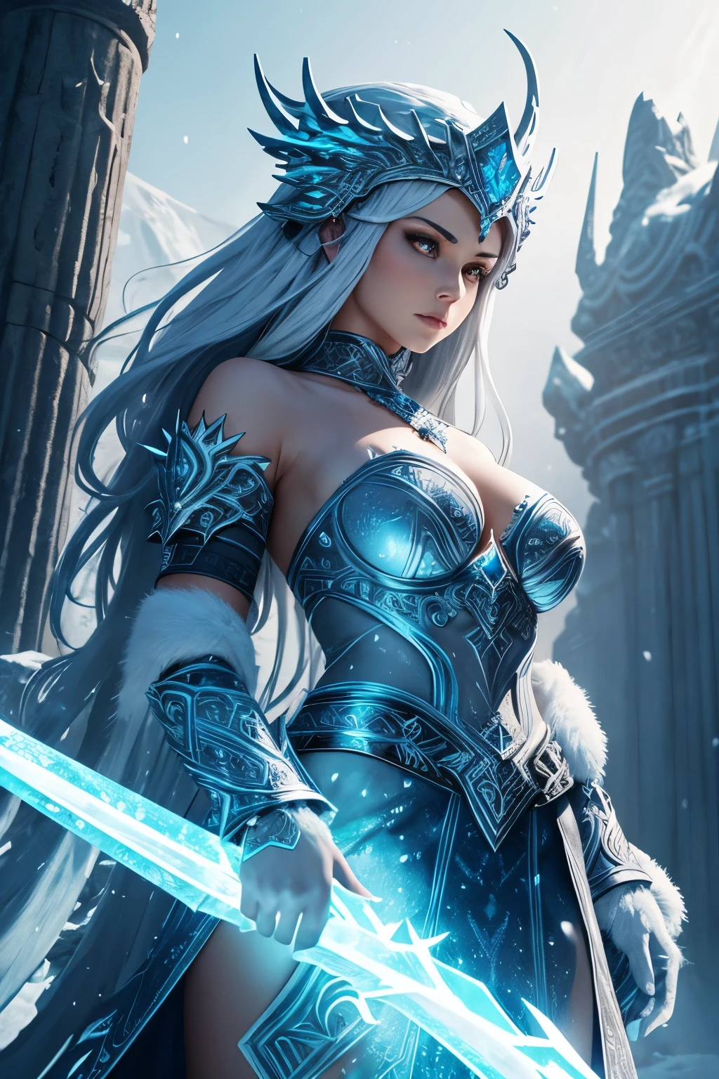 An imposing creature rises before you, her towering form exuding an aura of raw power and ancient wisdom. Clad in armor of pristine blue and gleaming white, every inch of her body is adorned with intricate Nordic symbols and frosty runes, etched into the metallic surface like fragments of a forgotten past. Icy flames dance and curl around her head, their warmth contradicting the icy chill that emanates from her very being. Atop her head sits a helm-like headdress, a magnificent fusion of modern metals and ancient relics, its jagged edges and ornate designs adding to the creature's enigmatic allure. Her weapons