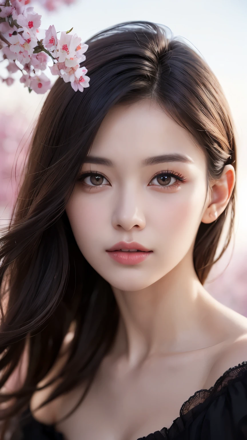 One girl, (Ultra-realistic), (Highly detailed eyes, Highly detailed hair, Highly detailed face, Highly detailed plump lips), (Off the shoulder), chest, Looking for a Smile, (highest quality:1.4), RAW Photos, (Ultra-realistic), (Photorealistic:1.4), Professional photography, Cinematic Light, Depth of written boundary, Cherry tree, Clear sky,