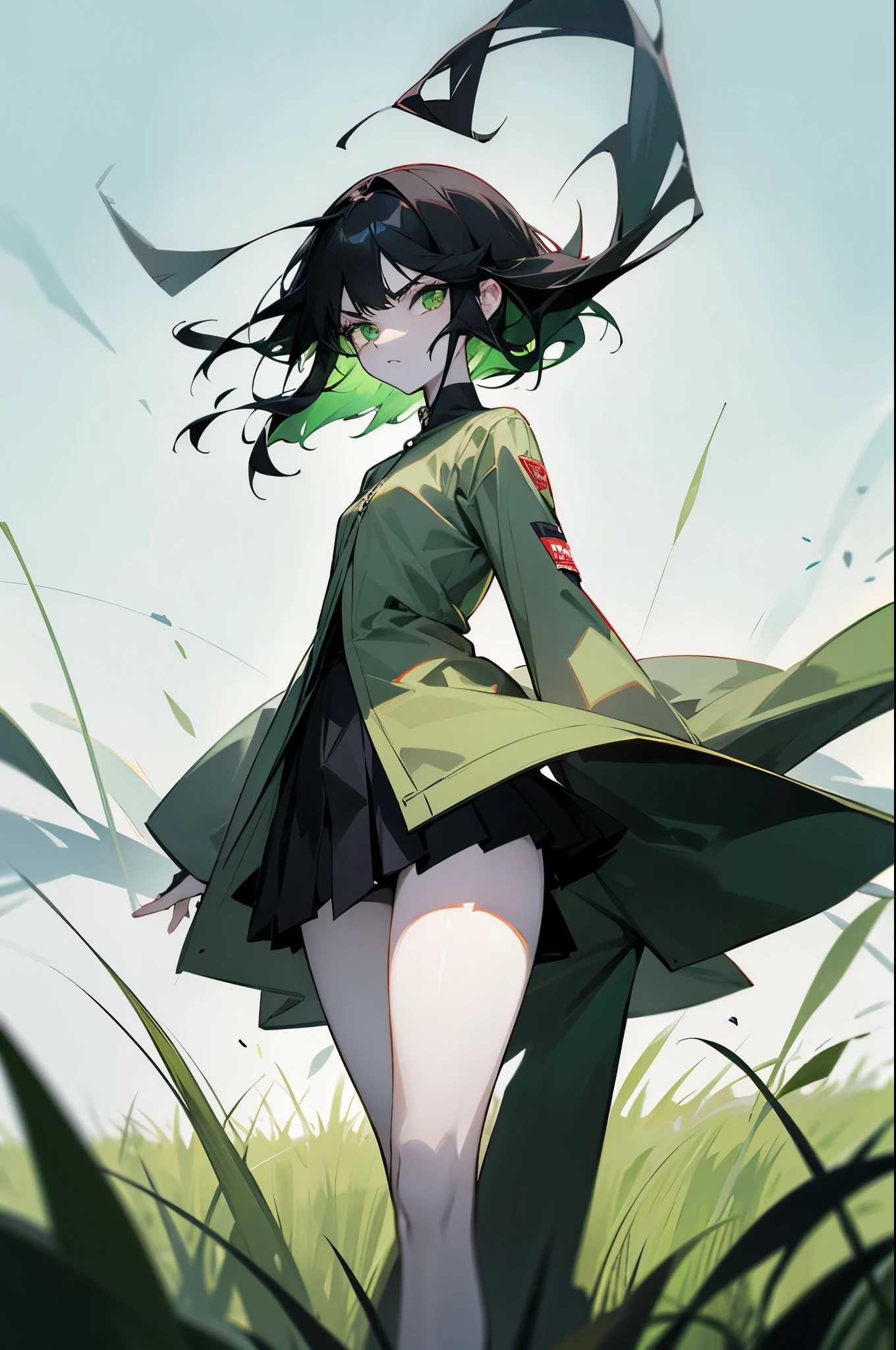 green eyes , black hair, pale skin, grassy background, angry, standing in middle