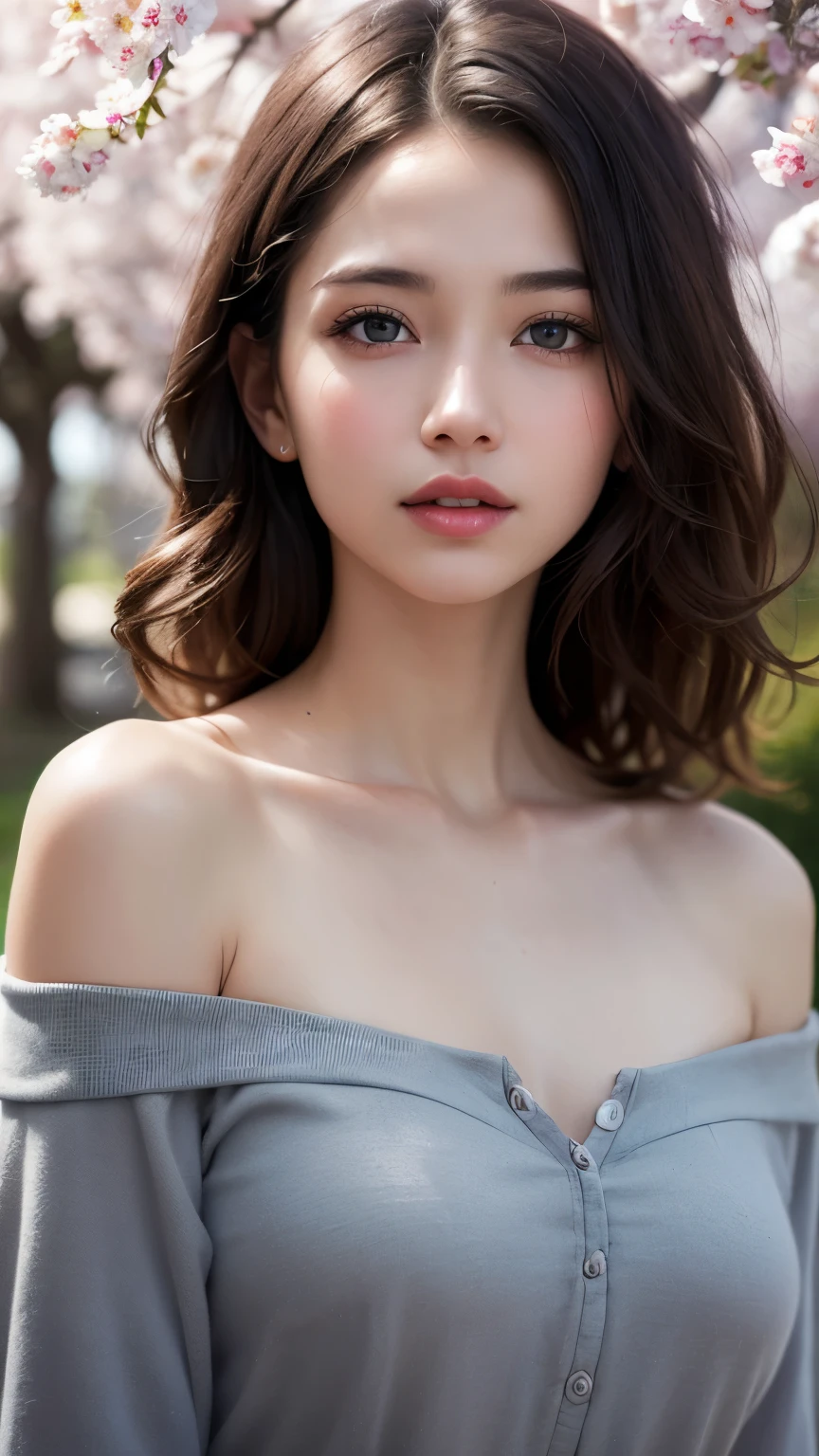 One girl, (Ultra-realistic), (Highly detailed eyes, Highly detailed hair, Highly detailed face, Highly detailed plump lips), (Off the shoulder), chest, Looking for a Smile, (highest quality:1.4), RAW Photos, (Ultra-realistic), (Photorealistic:1.4), Professional photography, Cinematic Light, Depth of written boundary, Cherry tree, Clear sky,
