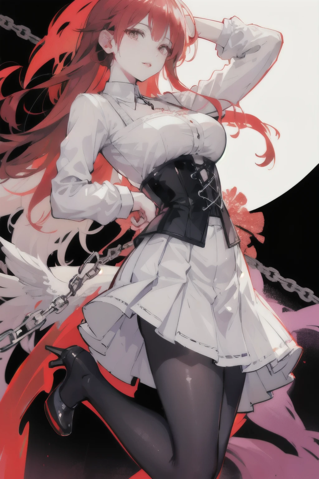 A woman wearing a corset, full skirt, long hair in a ponytail, red hair,high heels, phoenix tattoo on her back(art, best quality, ultra-detailed, high contrast), black transparent tights, detailed background ()) detailed face, hyper detailed eyes, detailed lips , with a metal necklace with chain around her neck,