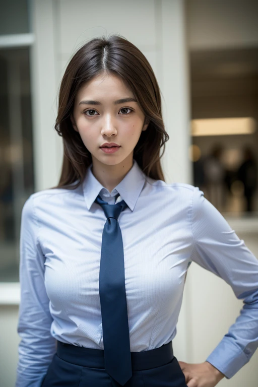 highest quality, masterpiece, 8k, Ultra-high resolution, (Realistic: 1.4), 1 girl, Beautiful Face, Symmetrical eyes, big, Perfect Body Proportions, Stewardess Uniform, Audience&#39;sight, (Inside the plane: 1.2), Front view, Shoulder jumps, Absolute area (1.3),