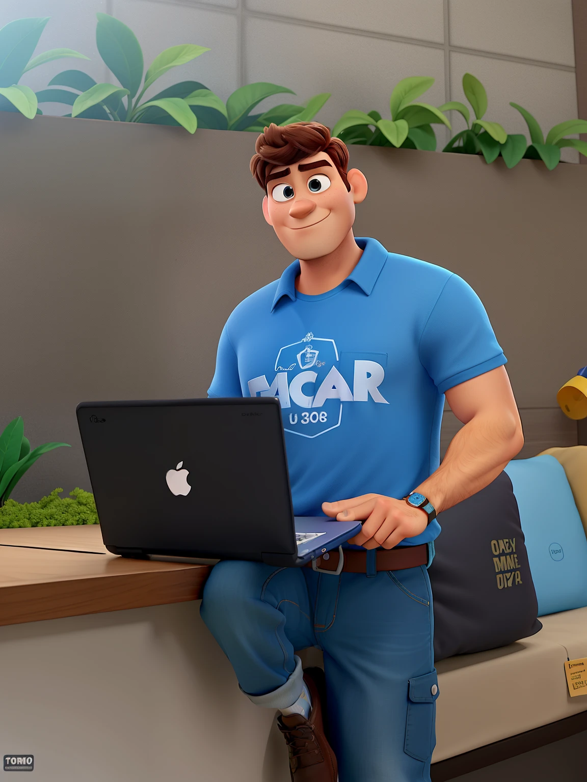 crie uma imagem stilo pixar, homem 30 anos , forte, segurando notebook, camisa escrito eficaz , olhos medios e usando um short