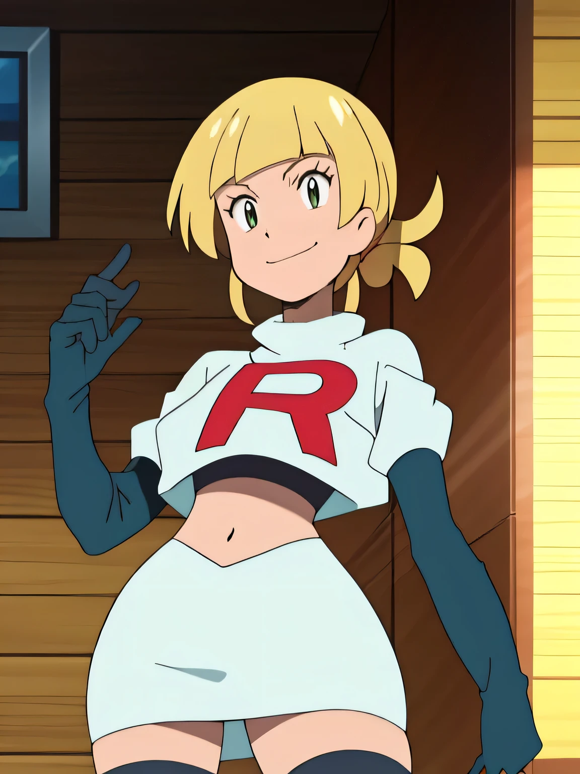 (best quality,4k,8k,highres,masterpiece:1.2),ultra-detailed,realistic,photorealistic:1.37, vibrant colors, studio lighting, bokeh,toga himiko,team rocket, team rocket uniform, red letter R, seductive smile, white skirt, white crop top, black thigh-high boots, black elbow gloves,zettai ryouiki,cowboy shot