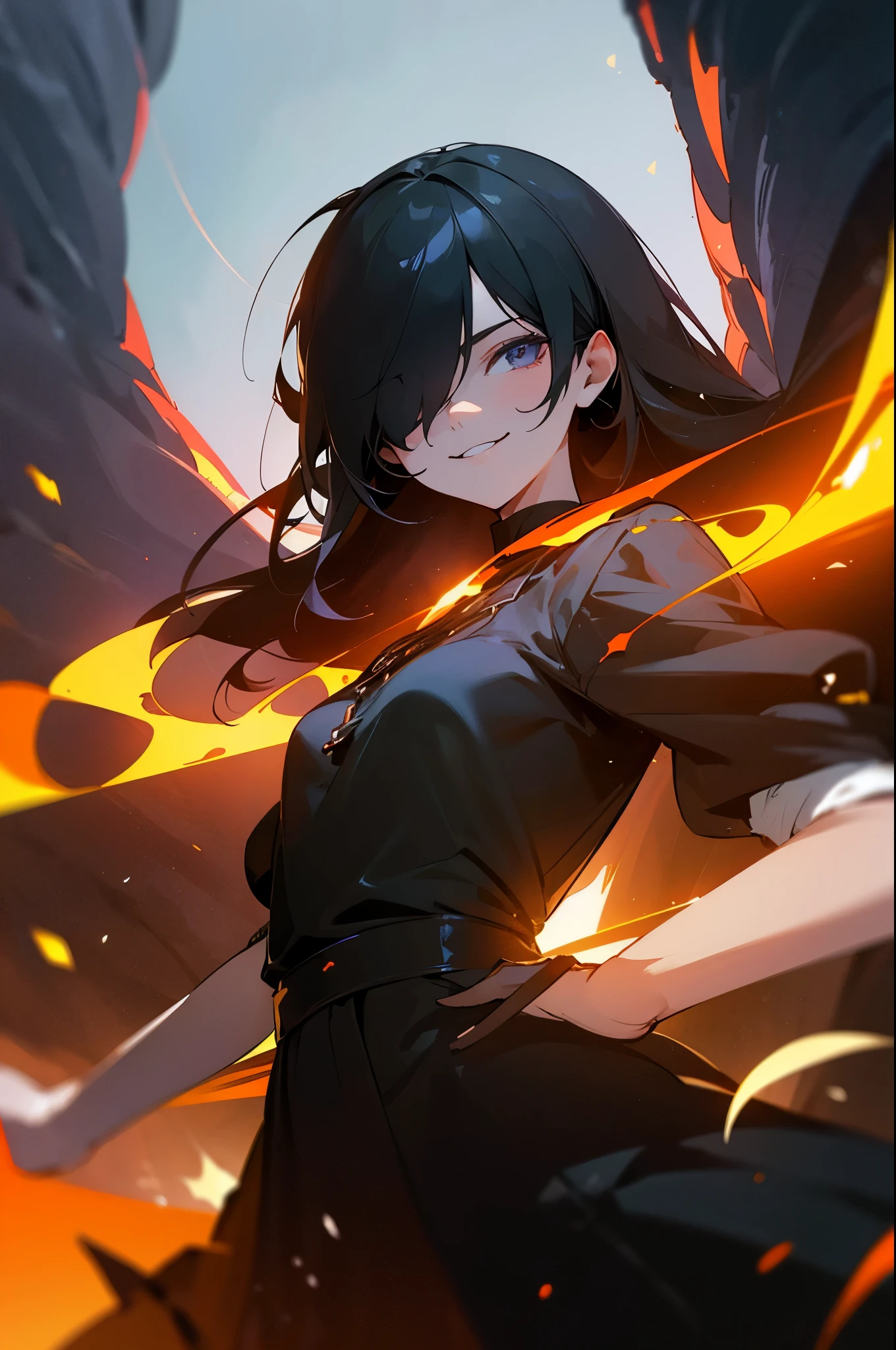 erzebeth (my daughter is the final boss), looking at viewer, upper body, hair over one eye, black lips, evil smile, from below, light particles, dutch angle, fire, cowboy shot,