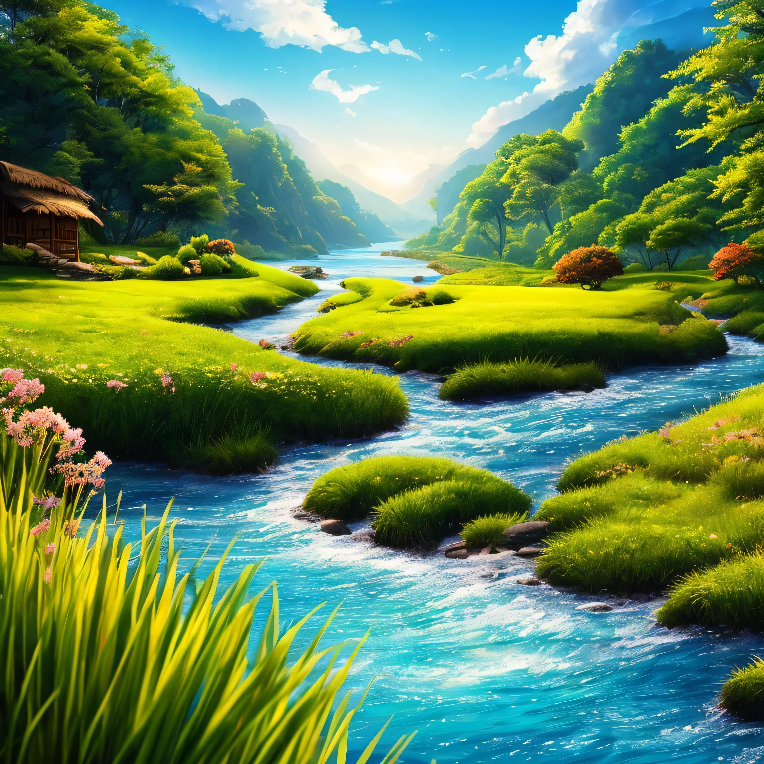 masterpiece, 最high quality, high quality, Very detailed CG unity 8k wallpaper, Bright colors and bright skies、an extremely colorful and pure fantasy environment, bright green grass landscape, colorful trees々々, Shining Fruit, Bright blue flowers. The color of the river is deep blue, The air is filled with sweet exotic scents. The environment is like a dream,  Award-winning photography, Bokeh, Written boundary depth, High resolution, bloom, chromatic aberration ,Realistic,Very detailed, Trending on Artstation, Trending on CGSociety, Complex, Attention to detail, dramatic, art：The middle of a journey 