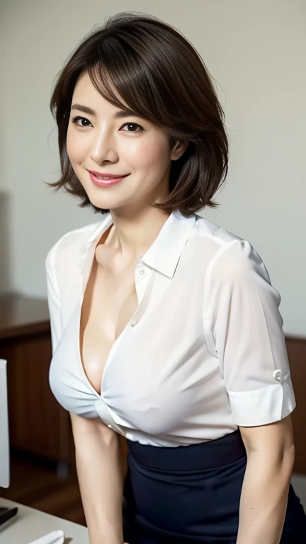 (highest quality,8k,masterpiece),
日本人Mature Woman,40 years,Mature Woman,Pure white skin, Tabletop、Photo from chest up、
Full breasts, White collared blouse、Navy blue tight skirt、Medium Hair、
A gentle smile、A gaze that seduces viewers、Office at work、