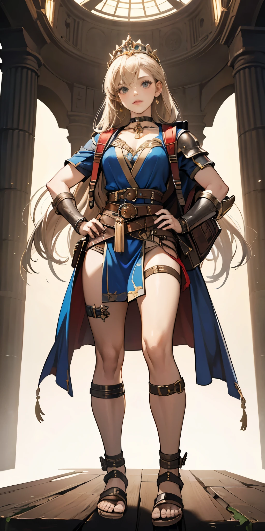 full body, whole body. 1solo (girl). slave fighter, loincloth standing, hands on hips full body, whole body. 1solo (girl). slave fighter, loincloth standing, hands on hips, metal sandals, backpack, choker, big belt, view from below, feet together, bracers, tiara