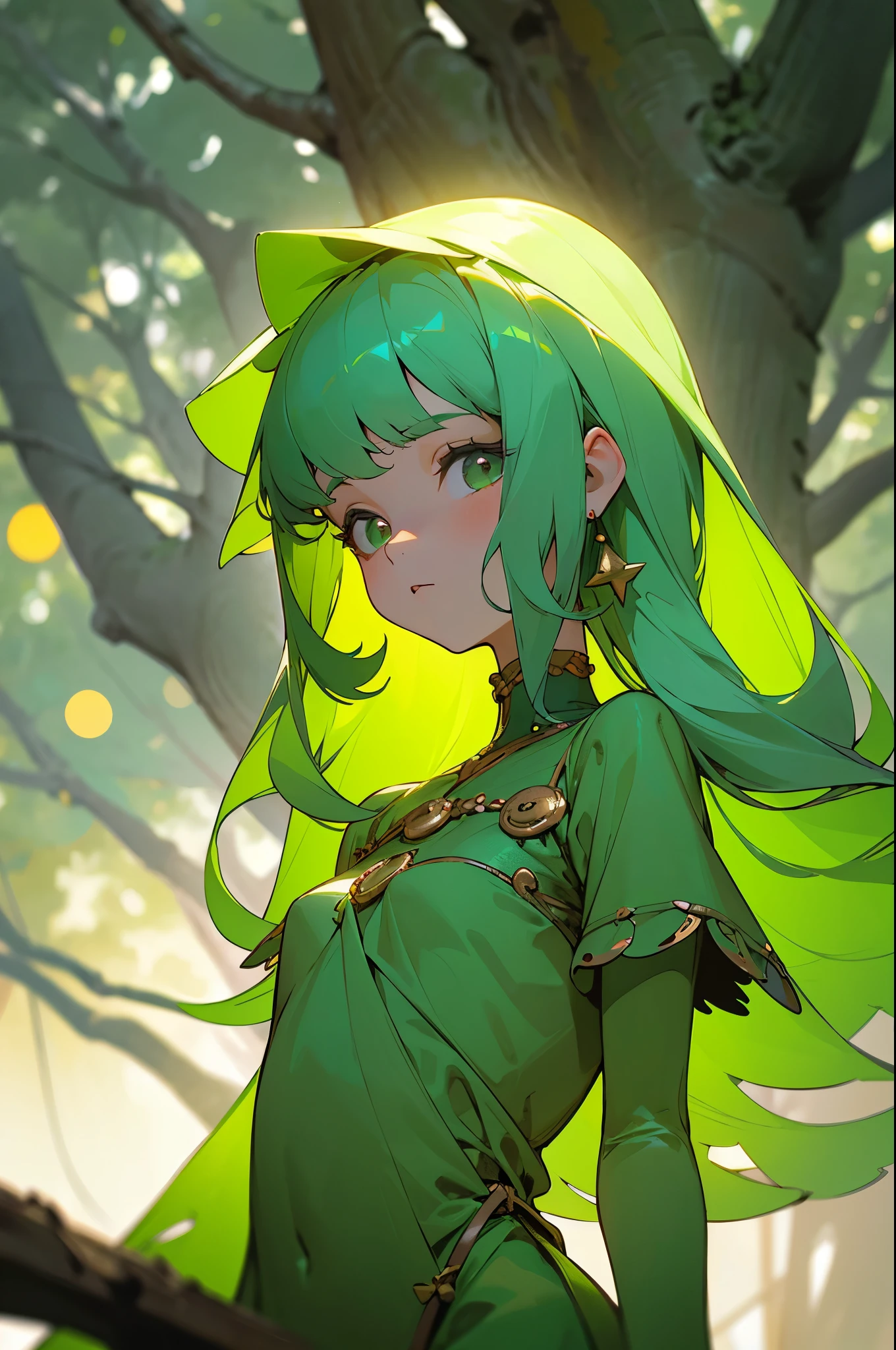 Spanish goddess, (green theme), ((glowing)), 1girl, solo, looking at viewer, upper body,bangs, lanky body, flat chest, whimsical treehouse nestled in the treetops, (masterpiece, best quality, detailed:1.3), attractive, (bokeh:1.3)
