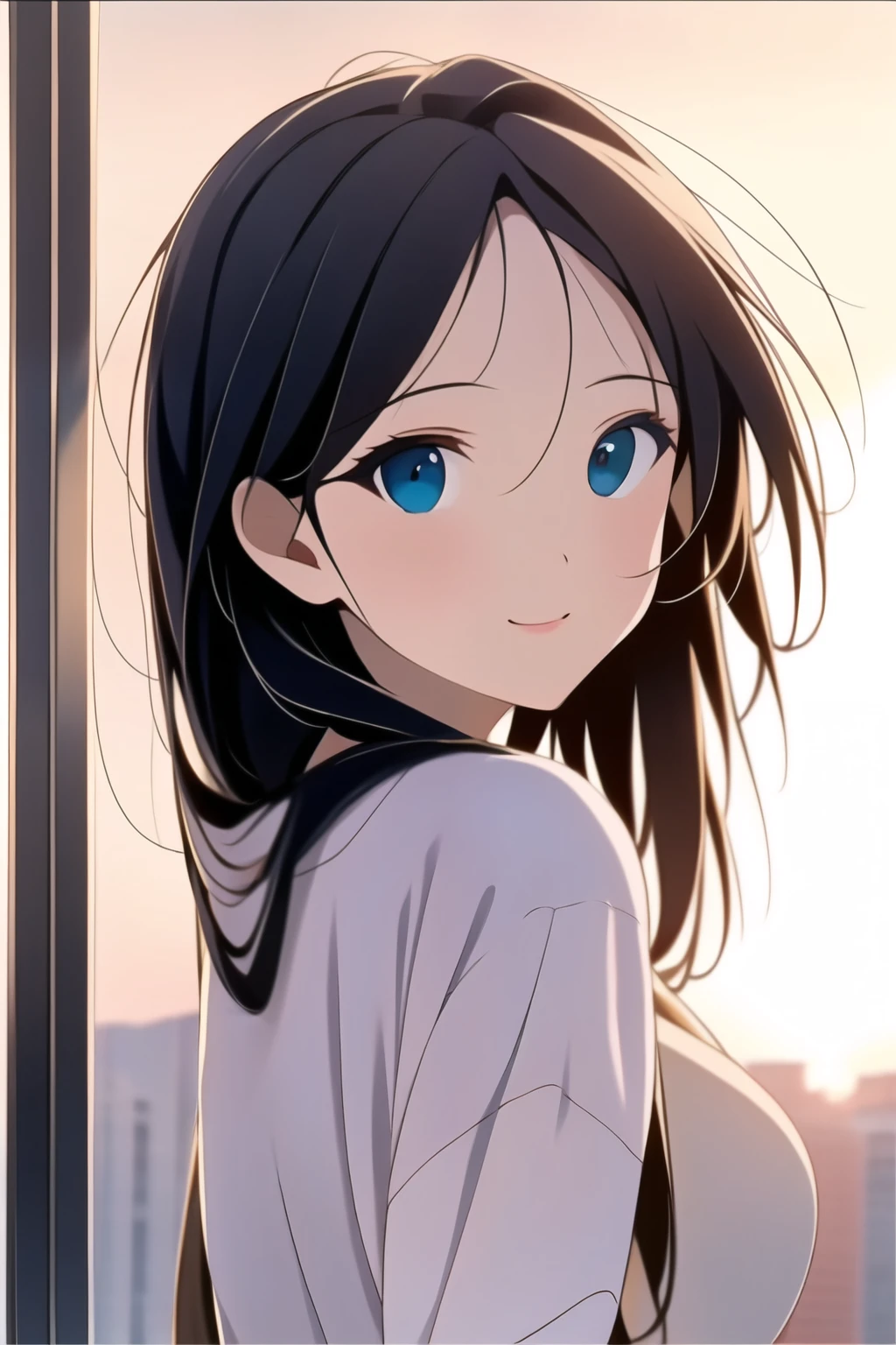 chica linda de ojos azules observa el atardecer
