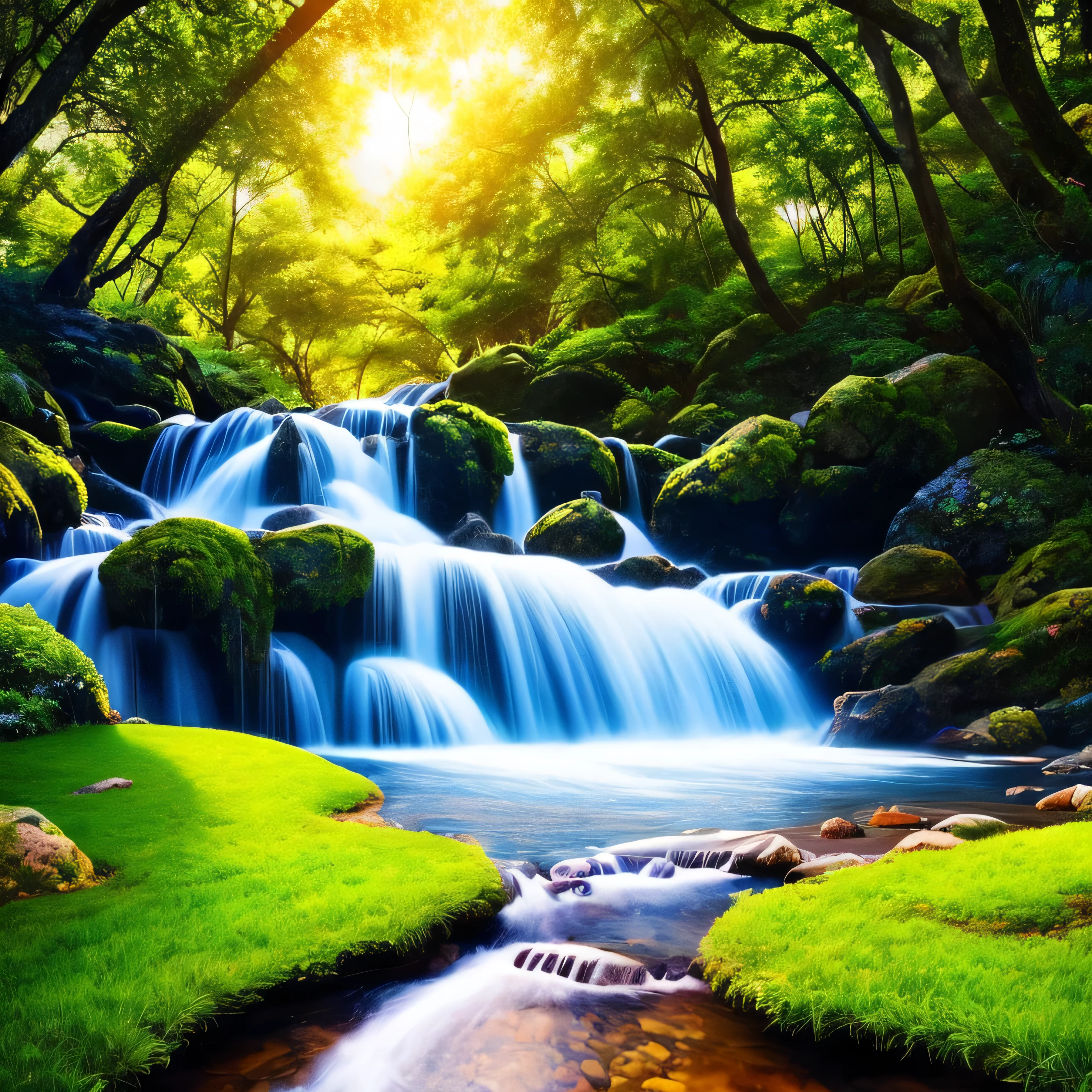 masterpiece, 最high quality, high quality, Very detailed CG unity 8k wallpaper, With vibrant colors and bright skies、an extremely colorful and pure fantasy environment, Bright green grass landscape, colorful trees々, Shining Fruit, Bright blue flowers. The stream is a deep blue color, The air is filled with sweet exotic scents. The environment looks like something out of a dream, Waterfall is flowing、 Award-winning photography, Bokeh, Depth of written boundary, High resolution, bloom, chromatic aberration ,Realistic,Very detailed, Trending on Artstation, Trending on CGSociety, Complex, Attention to detail, dramatic, art：Mid Journey