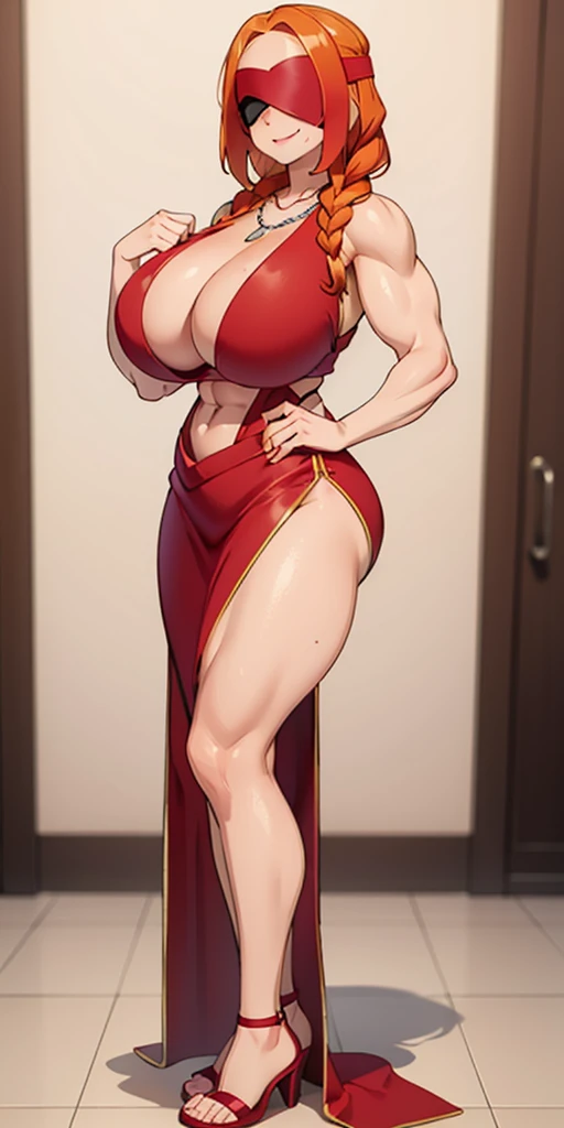 (masterpiece, HI quality: 1.1) 1girl full body standing good face, nice ass, hairstyle: braid, Color Hair: long hair, Blindfolded: NO EYES, Skin: White (porcelain skin, sparkly skin), muscular, thighs, Mature woman, Abs, looks at the viewer smiling, extremely huge breasts, maternal, chest cover with clothes, huge white necklace