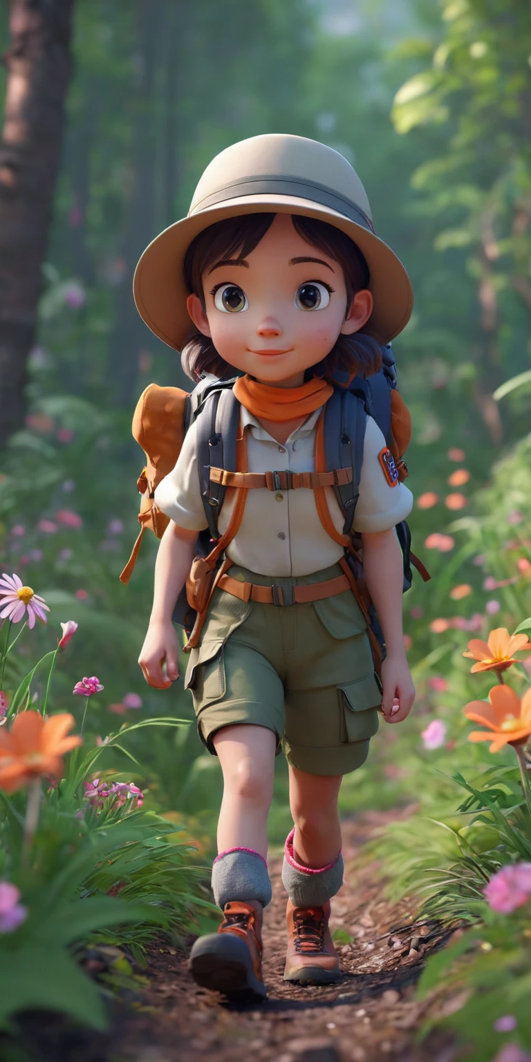There is a poster with a cartoon character in a hat and backpack, female explorer mini cute girl, walking in the wilderness, flower jungle, animation style rendering, cute 3 D rendering, small characters. Unreal Engine 5, stylized anime, cute detailed digital art, Atey Ghailan 8 K, stylized 3D rendering, adventure surreal rendering, anime style 3D, 3D rendering stylized
