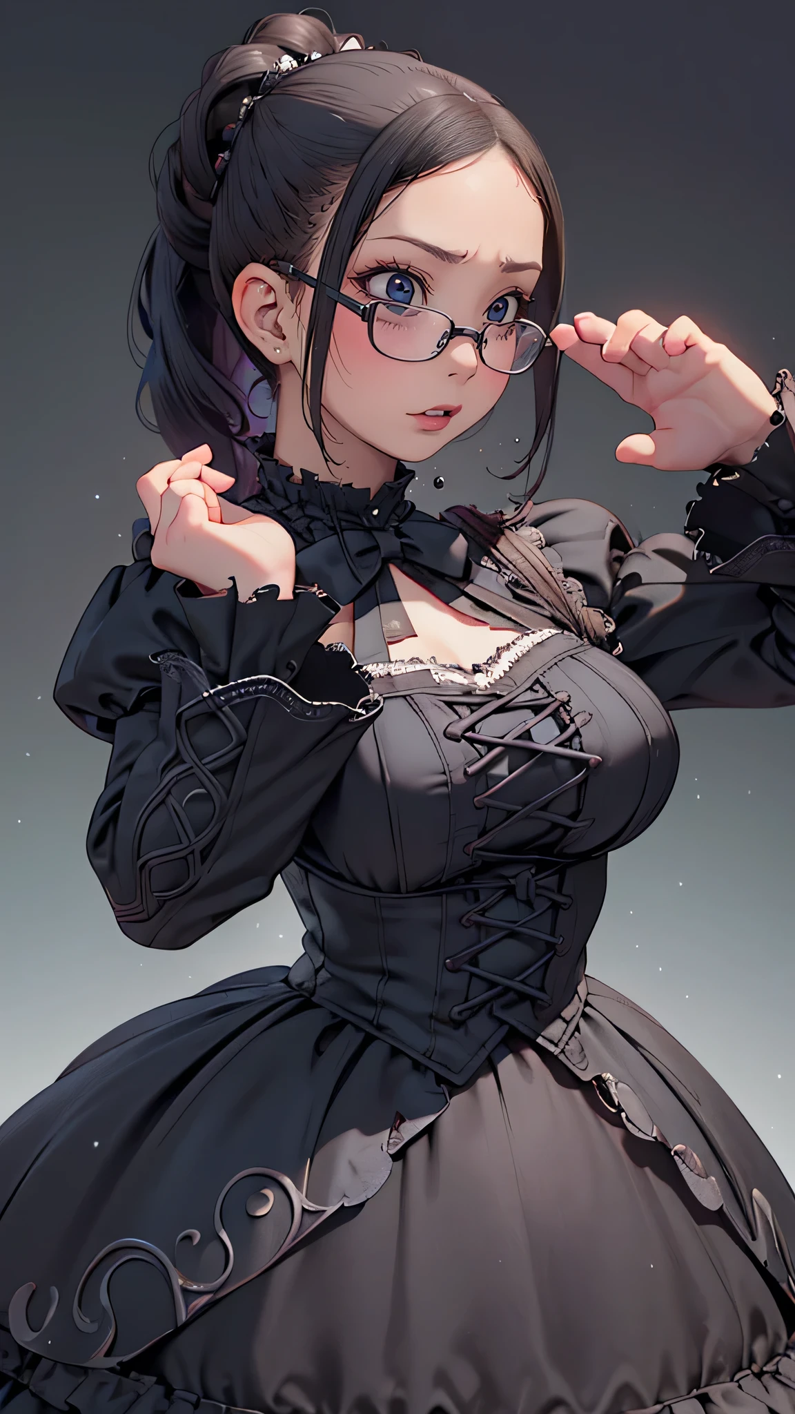 (random pose:1.2),gothic ta dress,(random pose),(random hairstyle),(Highest image quality,(8K), Ultra-realistic, Best Quality, High quality, High Definition, high quality texture, high detailing, Beautiful detailed, fine detailed, extremely details CG, Detailed texture, realistic representation of face, masterpiece, presence),(wearing glasses:1.1)