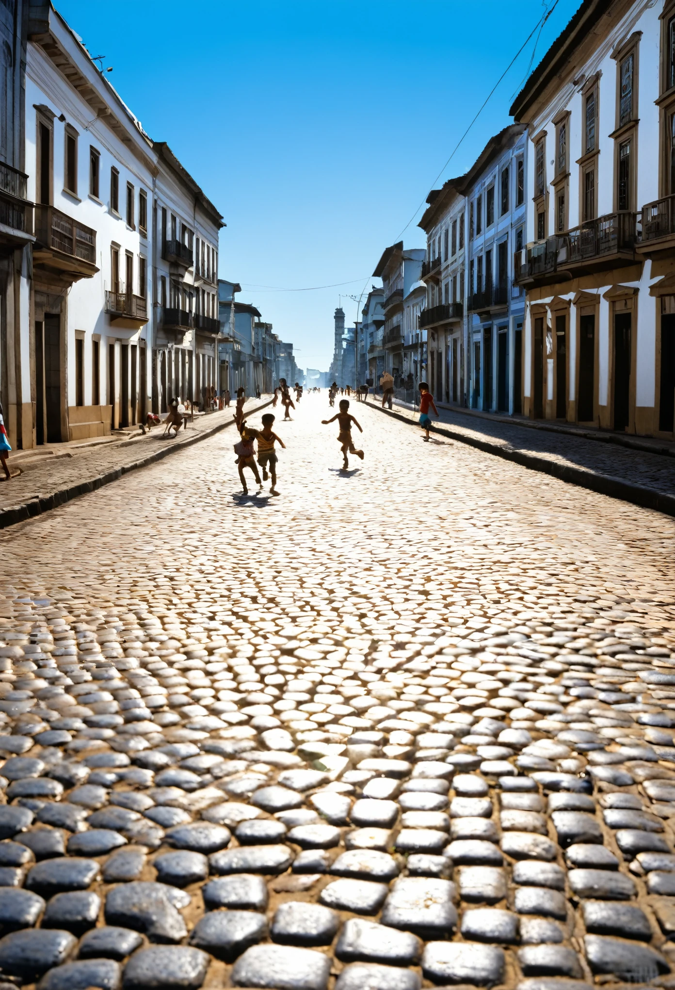 "Draw a scene of children playing excitedly on a cobblestone street, typical of the interior of the State of São Paulo in the 1930s. No final da rua, destaque uma pequena capela iluminada pelo sol do meio-dia, standing out against the clear blue sky."