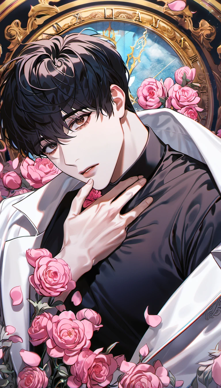 absurdres, highres, ultra detailed, HDR, masterpiece, delicate features, beautiful eyes, detailed eyes, Kim Dokja, omniscient reader's viewpoint, solo, man, handsome, expressive brown eyes, black hair, white coat, touching his chest, black shirt, pink flowers, pink petals, pink butterflies, clock