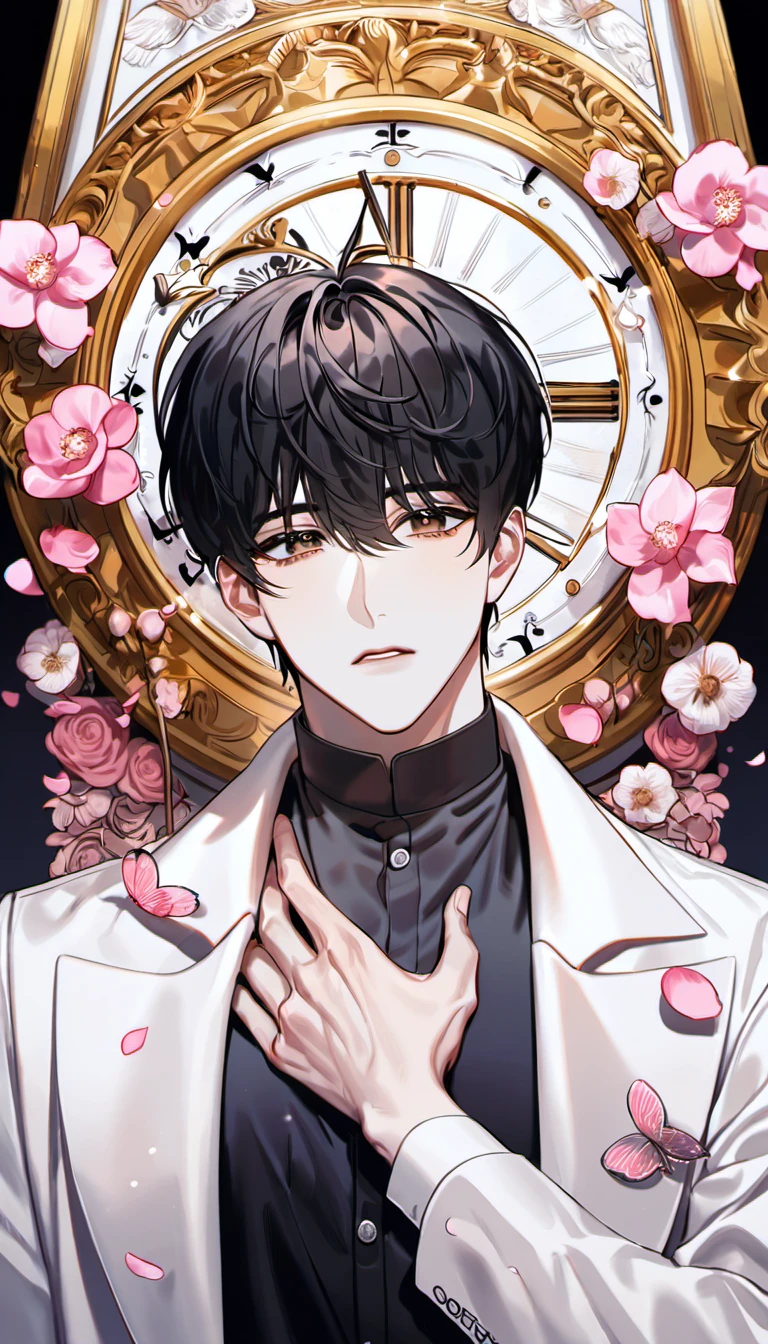 absurdres, highres, ultra detailed, HDR, masterpiece, delicate features, beautiful eyes, detailed eyes, Kim Dokja, omniscient reader's viewpoint, solo, man, handsome, expressive brown eyes, black hair, white coat, touching his chest, black shirt, pink flowers, pink petals, pink butterflies, clock