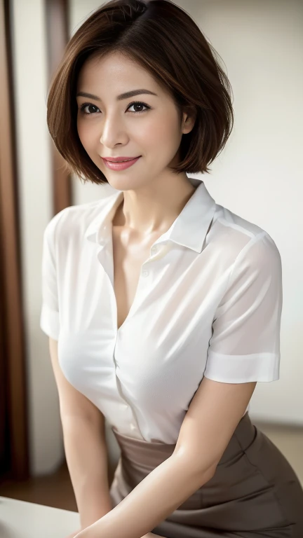 (highest quality,8k,masterpiece),
日本人Mature Woman,40 years,Mature Woman,Pure white skin, Tabletop、Top view from chest、
Full breasts、 White collared blouse、Grey tight skirt、Short Bob、
,A gentle smile、A gaze that seduces viewers、In-house offices、