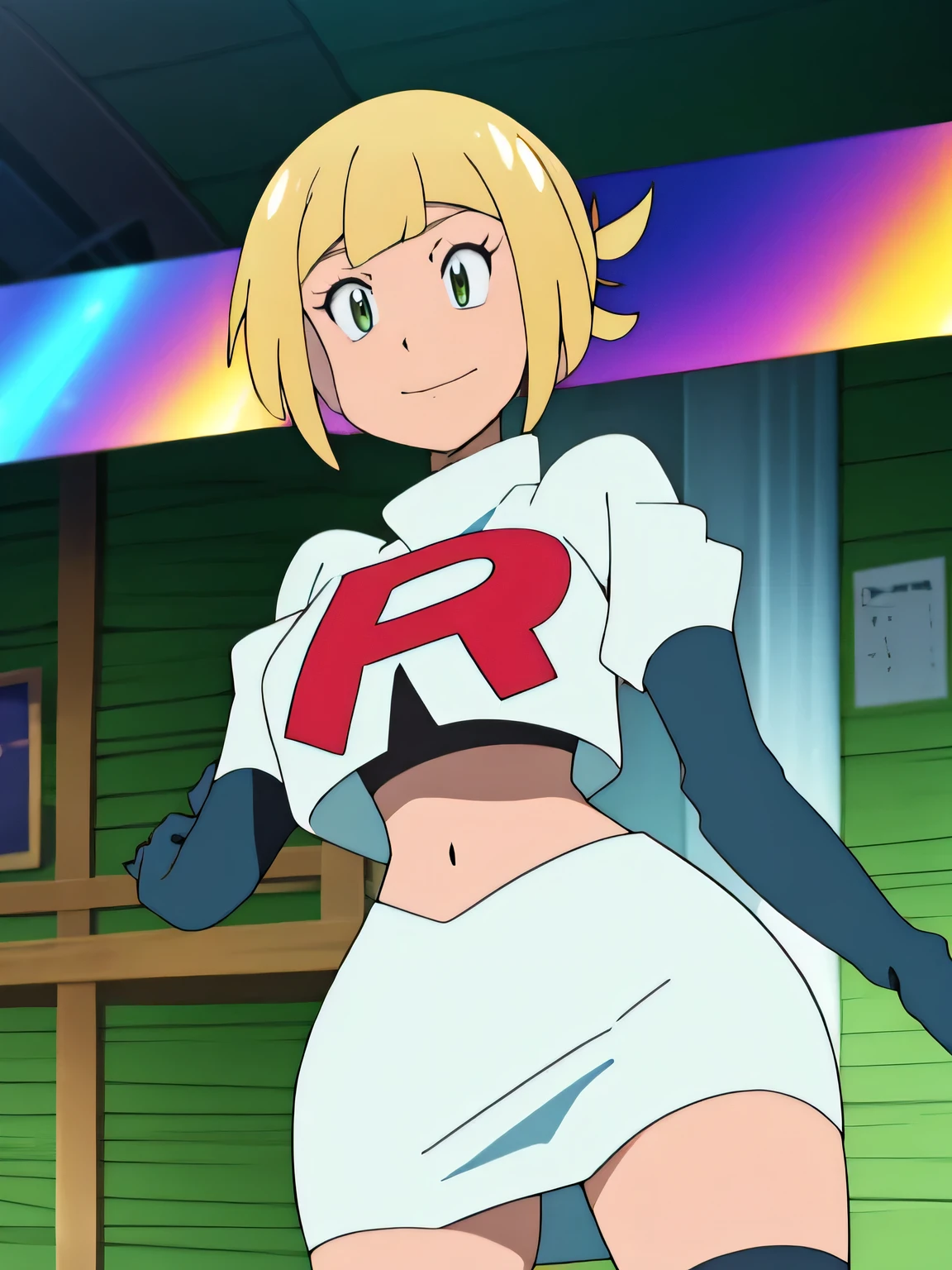 (best quality,4k,8k,highres,masterpiece:1.2),ultra-detailed,realistic,photorealistic:1.37, vibrant colors, studio lighting, bokeh,toga himiko,team rocket, team rocket uniform, red letter R, seductive smile, white skirt, white crop top, black thigh-high boots, black elbow gloves,zettai ryouiki,cowboy shot